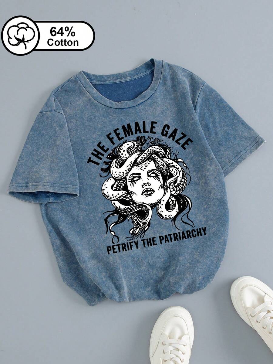 Áo thun nữ cỡ lớn mặc hàng ngày, in chữ "THE FEMALE GAZE", in hình rắn, chất liệu 64% cotton, kiểu dáng vintage chấm bi, tay ngắn, phong cách đường phố Mỹ tối màu, phong cách thể thao thường ngày, thích hợp mặc ngoài trời, áo hè cho nữ, trang phục mùa hè, họa tiết in. - Màu xanh lam - Xem 1
