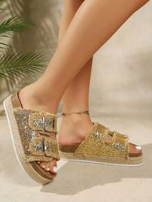 Women's New Thick Sole Slide Sandals, Bohemian Style Versatile Beach Shoes, Fashionable Tassel Vacation Casual Slippers For Summer - Gold - View 3