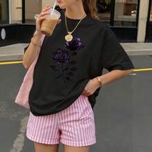 Camiseta Negra con Estampado de Rosa Púrpura para Mujer Verano Casual - Negro - Ver 3