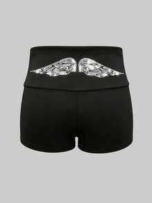 Dear Molly Y2K American Retro Gothic Style High Waist Cuffed Shorts, Shiny Rhinestone Wing Pattern, Eye-Catching Casual Bottoms Summer - Multicolor - View 3