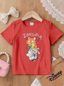 1 Piece Cute Style Kids T-Shirt Disney Zootopia Nick Judy Car Print Summer Breathable Short Sleeve Top, This Baby Girl Clothing Is Suitable For Dailr, Versatile And Non-Stuffy, Suitable For Spring And Summer, Vacation, Outdoor Activities, Amusement Park Outfits, Gift For Kids. - 紅色 - 查看 7