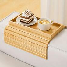 Mesa lateral plegable para sofá, bandeja de reposabrazos de bambú, sin necesidad de montaje, con portavasos a prueba de derrames y almohadilla antideslizante, adecuada para sofá, sala de estar y oficina. Puede sostener teléfono, aperitivos, control remoto. - Albaricoque - Ver 7