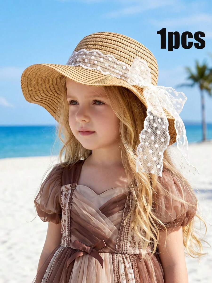 1 chiếc mũ rơm trang trí ruy băng lượn sóng cho bé gái, mũ mùa hè thoải mái chống nắng đi biển/hoạt động ngoài trời cho trẻ em từ 3-8 tuổi - 1PC - Xem 1