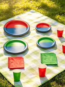 10件/20件/80件装红绿蓝撞色派对纸品套装，卡通人物配色，包含7/9英寸纸盘、纸杯和6.5英寸餐巾纸，撞色主题餐具，适用于生日派对、迎婴派对、游戏主题派对，男女通用 - 多色 - 查看 5