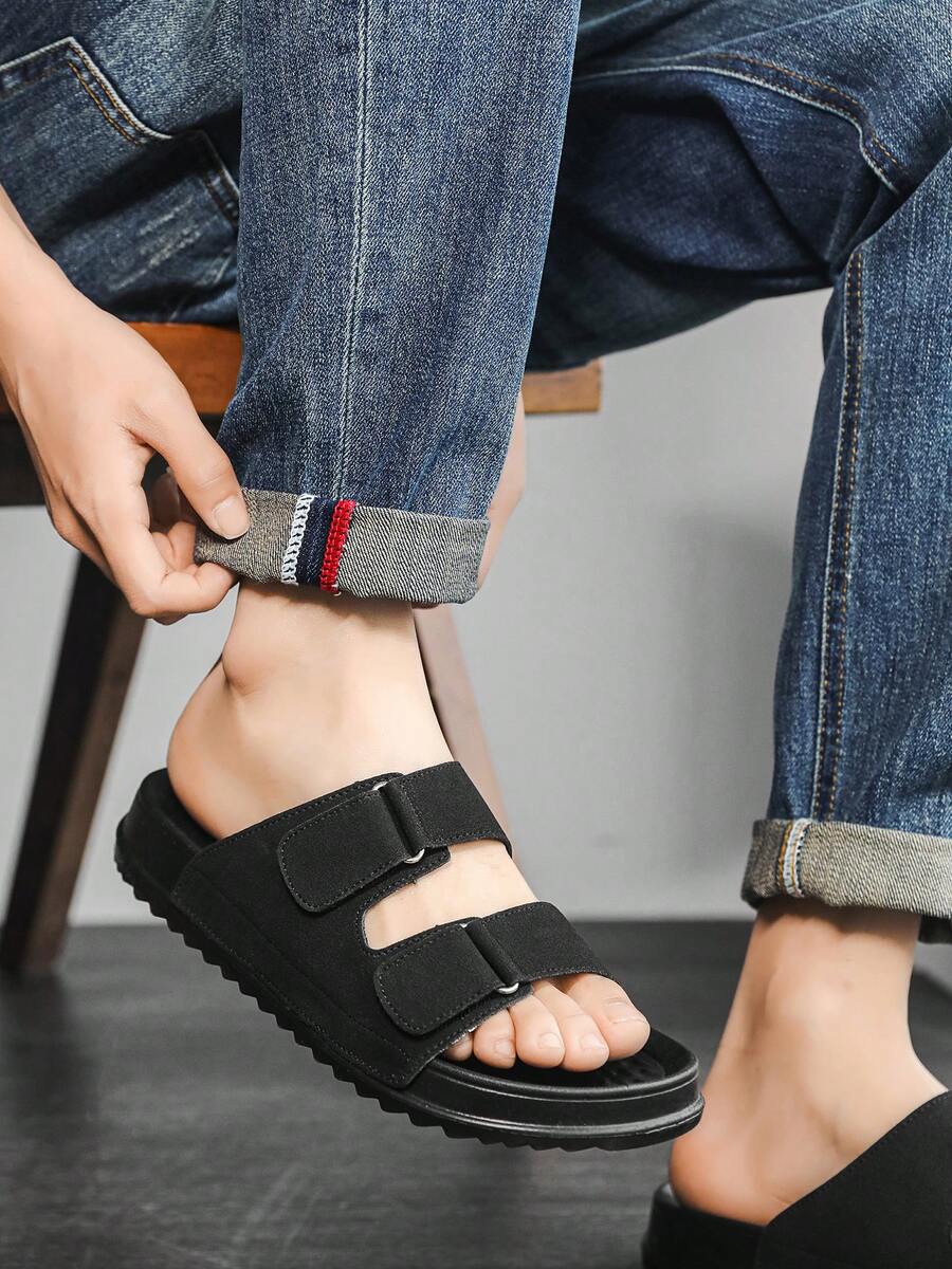 Unisex Luxury Soft Sole Mule Slippers, Retro Hook And Loop Casual Beach Slides - Black - View 1