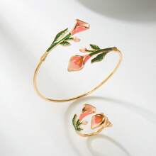 Bộ trang sức hoa loa kèn tráng men 2 món dành cho nữ, vòng tay và nhẫn hình hoa màu hồng mạ vàng, trang sức hoa thanh lịch, thích hợp làm quà sinh nhật. - Nhiều màu - Xem 1