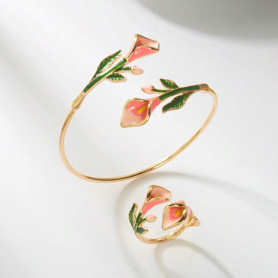 Bộ trang sức hoa loa kèn tráng men 2 món dành cho nữ, vòng tay và nhẫn hình hoa màu hồng mạ vàng, trang sức hoa thanh lịch, thích hợp làm quà sinh nhật. - Nhiều màu - Xem 1