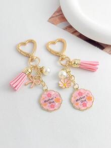 Mother's Day Pink Tassel Keychain | Heart Charm Pearl Pendant | Cute Bag Accessory Gift For Mom - Multicolor - View 1