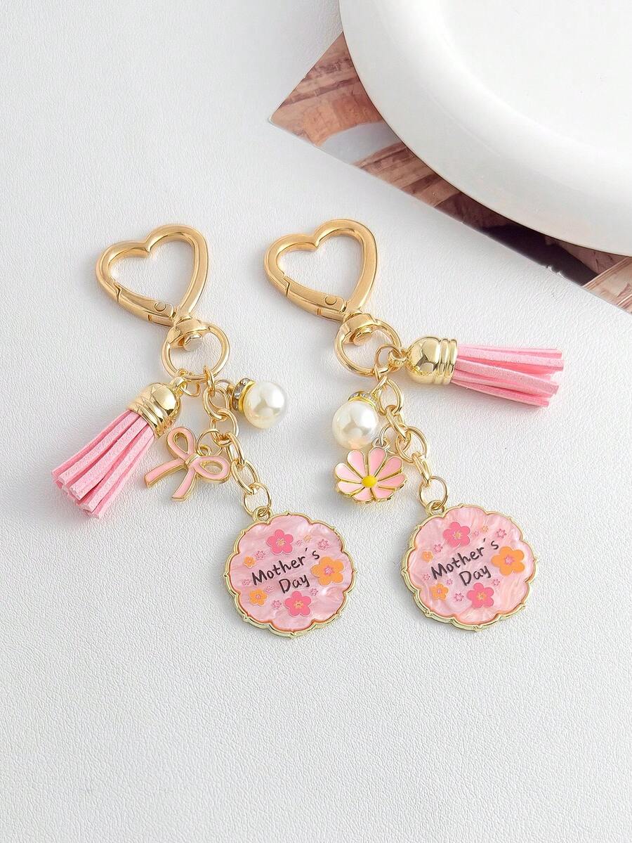 Mother's Day Pink Tassel Keychain | Heart Charm Pearl Pendant | Cute Bag Accessory Gift For Mom - Multicolor - View 1