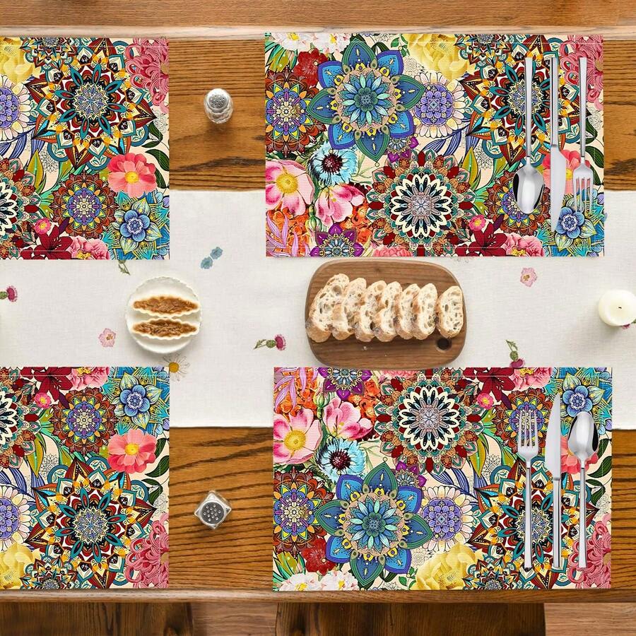 1pc/4pcs/6pcs Bohemian Style Printed Linen Placemats, Suitable For Dining Table, All Season Decor, Modern Washable Table Mats, Room Decor, Coasters, Kitchen Dining Mats, Indoor Outdoor Party Decoration, Home Decor, Ideal Gift - Multicolor - View 1