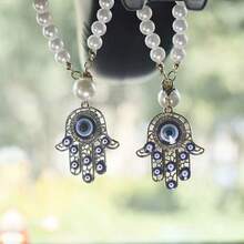 1pc/2pcs Evil Eye Hamsa Hand Car Pendant With Pearl Chain. Durable Material, Symbolizes Protection And Luck. Easy To Hang, Universal For Most Cars, Nice Decor And Gift. - Multicolor - View 2
