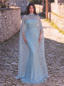 Faeriesty Đầm dạ hội cao cấp dành cho nữ - Đầm xòe dáng đuôi cá lấp lánh đính sequin, thích hợp cho đám cưới và các sự kiện thảm đỏ. - Màu xanh nhạt - Xem 2