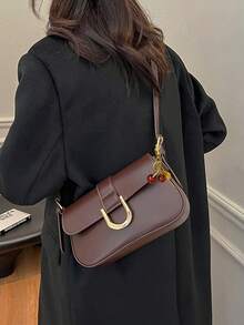 Túi đeo chéo nhỏ xinh xắn với khóa hình móng ngựa, kiểu dáng retro Hồng Kông, túi vuông nhỏ có mặt dây chuyền hình quả anh đào dành cho nữ. - Cà phê - Xem 4