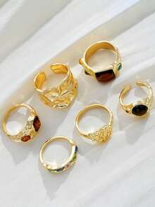 6pcs Set Vintage Luxury Versatile Exquisite Elegant Shiny Glamorous Tiger Eye Stone & Colorful Crystal Inlaid Women's Ring Set, Holiday Jewelry - Multicolor - View 4