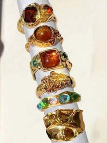 6pcs Set Vintage Luxury Versatile Exquisite Elegant Shiny Glamorous Tiger Eye Stone & Colorful Crystal Inlaid Women's Ring Set, Holiday Jewelry - Multicolor - View 6