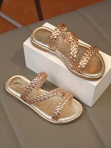 1 Pair Girls' Metallic Woven Flat Open-Toe Sandals, Comfortable & Minimalist, Unique For Beach. Essential For Kids' Summer Outings And Beach Vacations. - Rose Gold - View 6