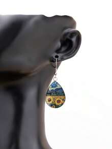 1 Pair Summer Sunflower Pattern Paired With 316 Stainless Steel Water Drop Earrings, Minimalist Style Suitable For Women's Daily Wear And Gifts, Elegant Minimalist Jewelry Earrings Suitable For Women's Daily And Vacation Wear - Orange - View 4