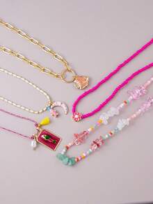 Collar de cuentas de estilo bohemio de varias capas, juego de 5 piezas con colgantes de concha, estrella de mar, pez y cangrejo, regalo temático del océano para vacaciones en la playa para m - Multicolor 2 - Ver 5