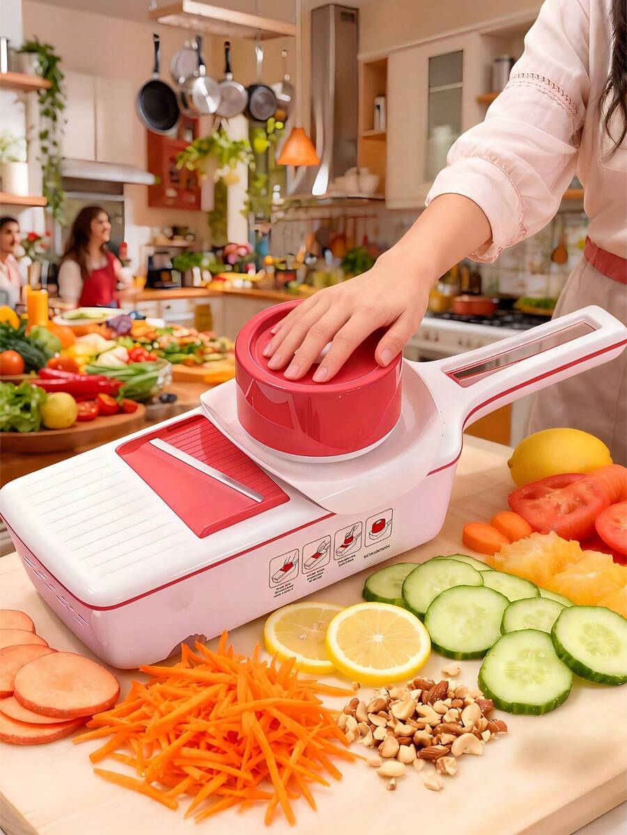 Japanese-Style 6-In-1 Red Mandoline Vegetable Slicer W/ SExtra Guard & Storage Box – Reuse Small Food Pieces Without Cutting Your Fingers – 6 Premium German Steel Blades – Perfect Christmas, Valentine"S & Mother"S Day Gift - Đỏ - Xem 1