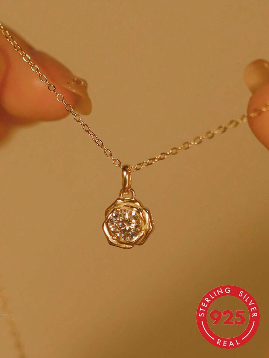 GAGAFEEL 1 chiếc dây chuyền mặt dây chuyền hình hoa hồng bằng bạc sterling 925 đính đá Zirconia, món quà thanh lịch cổ điển dành tặng bạn gái hoặc mẹ vào Ngày Valentine và Ngày của Mẹ. - Vàng - Xem 1