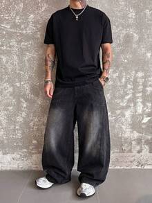 Men's Patchwork Wide Leg Jeans, Casual Street Goth Design Straight Leg Pants, Suitable For All Seasons - Black - View 1