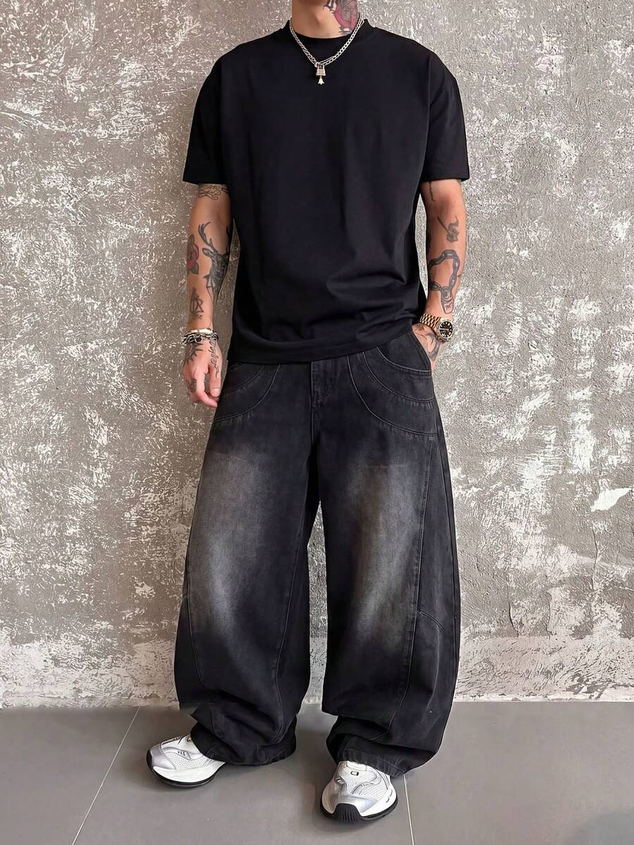 Men's Patchwork Wide Leg Jeans, Casual Street Goth Design Straight Leg Pants, Suitable For All Seasons - Black - View 1