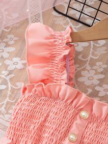 Young Girl Fashion Casual Ruffle Button Lace Wide Shoulder Strap Square Neck Patchwork Floral Mesh A-Line Hem Dress Daily Home Outdoor Vacation Summer Girls Dress - Pink - View 5