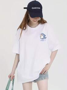 Extra-Large Cartoon Graphic T-Shirt By - Vintage Y2K Design, Comfortable Short Sleeves, Machine Washable, White With Blue And Black Design, Perfect For Casual Spring And Summer Outfits - X - White - View 7
