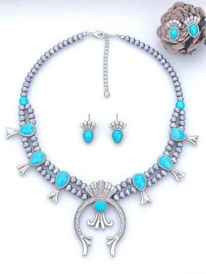 Bộ 2 món gồm dây chuyền và bông tai hình móng ngựa phong cách Bohemian cổ điển, đính đá ngọc lam, màu bạc cổ, phù hợp với phong cách miền Tây/cao bồi, tuyệt vời để đeo hàng ngày, dự tiệc, lễ hội và làm quà tặng.