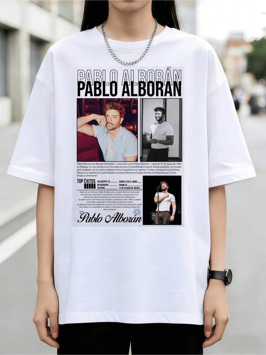 Pablo Alborán Spanish Singer White Background Graphic Unisex Cotton T-Shirt - White - View 1