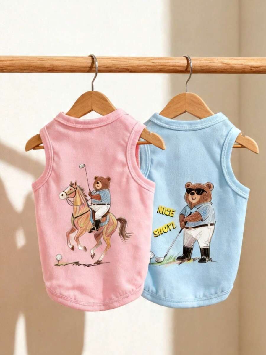 LUCKIE PAL 2pcs Golf Bear Graffiti Print Vest, Suitable For Chihuahua & Small Dogs, Flea & Tick Repellent, Fashionable Casual Vest For Indoor & Outdoor Pet Dogs & Cats - Multicolor - View 1