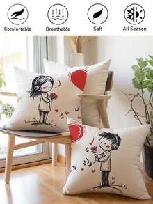 2pcs Heart & Musical Note Couple Pattern Digital Print Polyester Pillowcase, Romantic Cute Cartoon Couple Decorative Throw Pillow Cover Suitable For All Seasons, Valentine's Day Gift, Soft & Breathable, Machine Washable, No Filling Included - Red and White - View 2