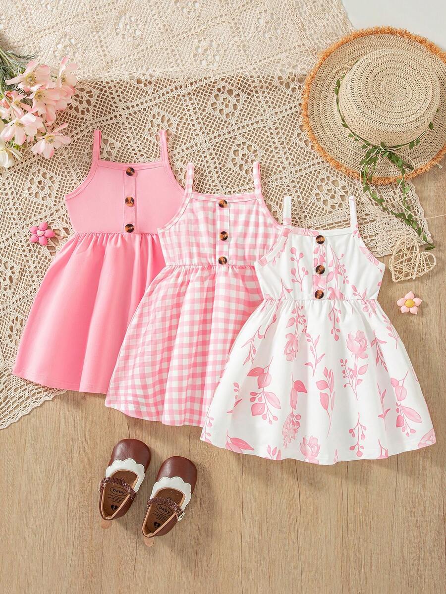 3pcs/Set Baby Girls' Floral Print Cami Dress + Solid Color Button Cami Dress + Plaid Print Button Patchwork Cami Dress - Pink - View 1