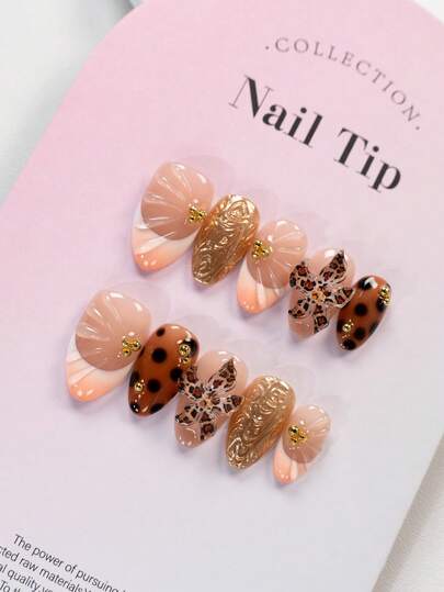 JNHK Hermoso, 10 piezas, uñas postizas hechas a mano, pétalos rojos con lámina de oro francés, patrón circular rojo tridimensional, tamaño corto, forma de almendra, uñas postizas prensadas, regalo perfecto para uso diario y fiestas de vacaciones para niñas y mujeres en primavera y verano
