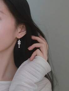 一对经典S925纯银仿珍珠编织耳环，女士秋冬耳环，生日礼物 - 金色 - 查看 4