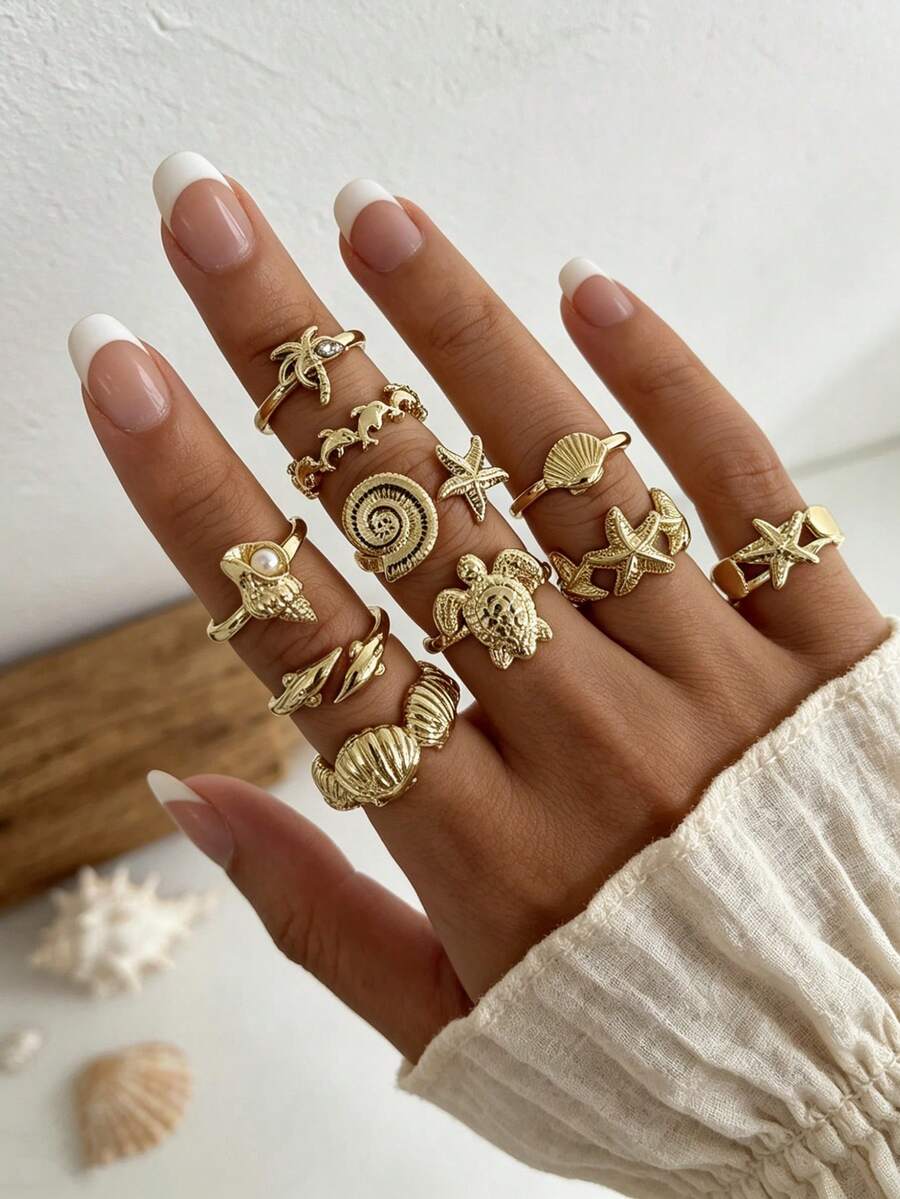 10pcs Vacation Style Starfish, Seashell Metal Open Rings, Sea Turtle, Dolphin Stackable Ring Set For Women - Gold - View 1