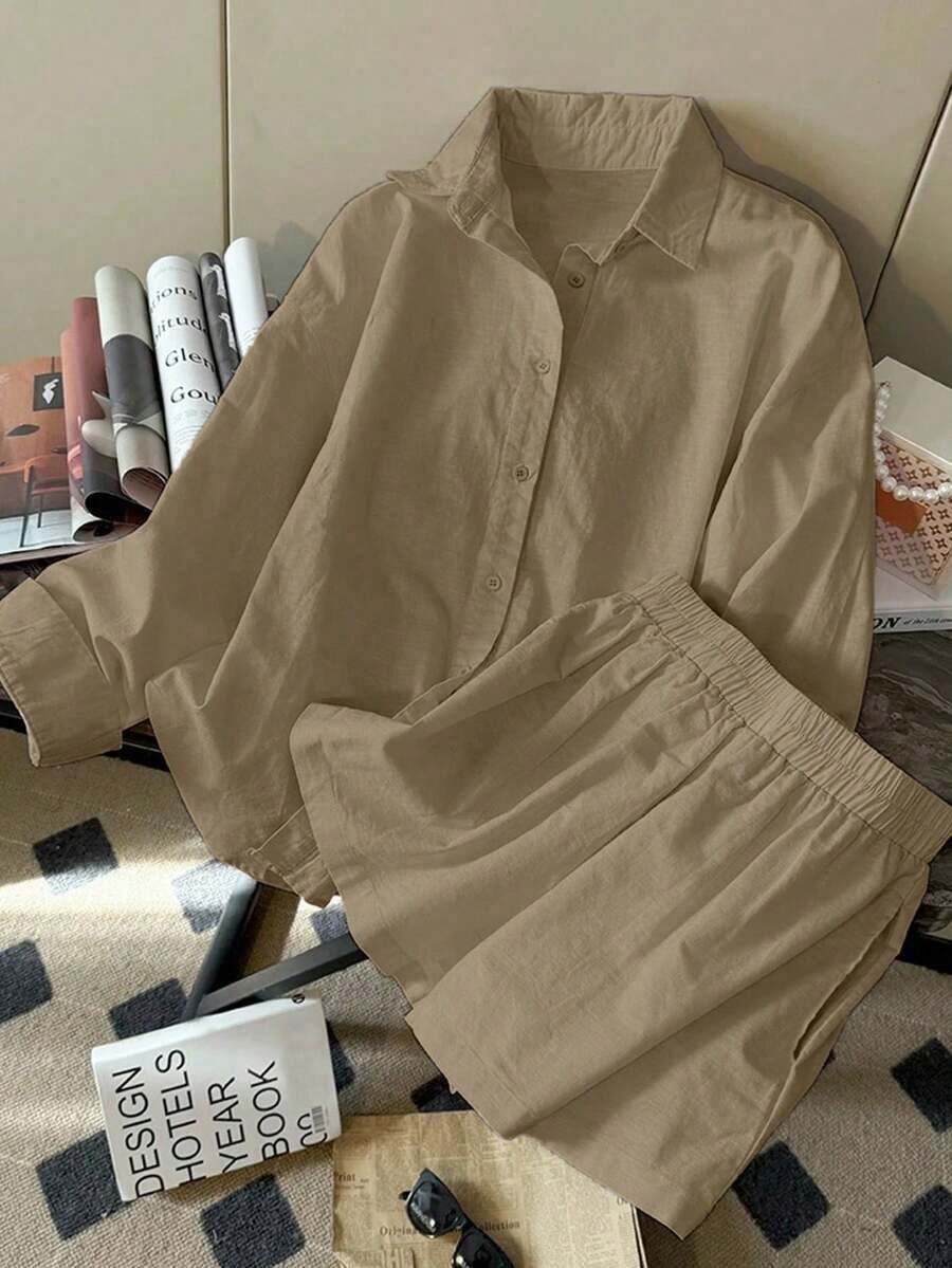 Set de 2 piezas de top de manga larga holgado de lino y pantalones cortos de mujer de moda casual y simple - Café integral - Ver 1