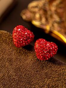 1 Pair Vintage Sparkling Full Diamond Soft Clay 3D Red Heart Stud Earrings, Luxury Commute & Date Elegant Earrings For Women, Gift For Mom - Polymer Clay Heart Earrings - View 6