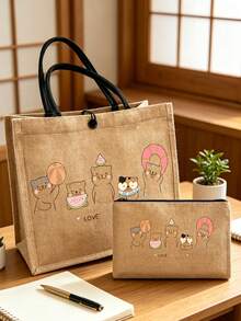 Cat Print Canvas Tote Bag, Suitable For Summer Shopping, Travel Storage, Minimalist Linen Handbag, Suitable For Students, Office Workers, Anniversary, Birthday, Mother's Day And Other Occasions, Large Capacity And Portable - Multicolor - View 14