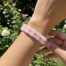 Sweet Pink Rose Quartz Natural Stone Bracelet, Square & Round Beaded Elastic Bracelet, Vintage Elegant Jewelry Accessory For Women, Suitable For Daily, Vacation, Party Wear - Multicolor - View 6