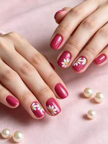 24pcs Purple-Red Square Nail Stickers, Delicate Yellow Daisy Nail Decals, Minimalist Style, Removable & Reusable, Convenient For Daily, Party, Travel - Red Violet - View 3