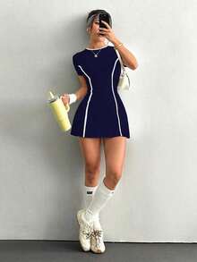 Dewbera Vestido deportivo blanco de manga corta y ajuste delgado para mujer con pantalones cortos y bolsillo para teléfono, para entrenamiento de tenis y actividades al aire libre - Marrón - Ver 11