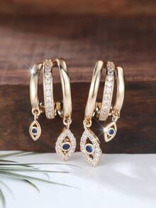 Vanel 1 Pair Luxury Gold Minimalist Style Earrings, Shiny Oval CZ Center Embellished, Fashion Jewelry For Women, Suitable For Daily Wear And Special Occasions - Golden Yellow - Blue - White - View 4
