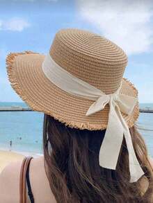 1 pièce Chapeau de paille, chapeau de plage avec nœud papillon, chapeau de soleil à large bord, chapeau de pêcheur en paille à bord épais, chapeau de voyage d'été, chapeau de plage anti-UV, chapeau de vacances pliable, casquette décontractée pour l'extérieur, accessoire de voyage pour les vacances, convient pour les vacances à la plage d'été, les fêtes de remise des diplômes, le camping à la plage et autres occasions extérieures quotidiennes - Multicolore - Voir 6