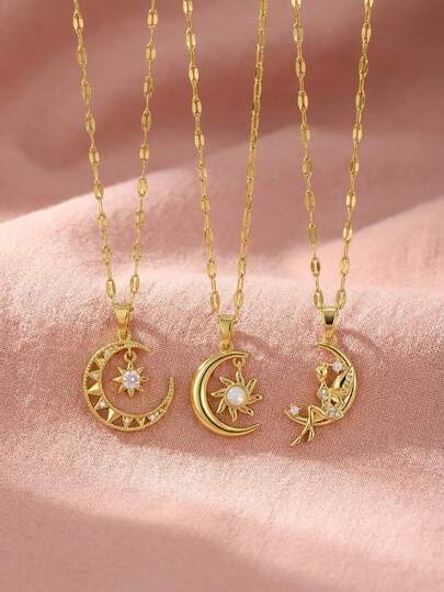 1 chiếc dây chuyền mặt dây chuyền hình ngôi sao và mặt trăng thiên thần đính đá Zirconia tinh tế, sang trọng, kèm dây môi bằng thép không gỉ, thích hợp cho trẻ em, bé gái, bạn bè, bạn gái, bạn cùng lớp, dùng trong các dịp tiệc tùng, tiệc chiêu đãi, hẹn hò, kỷ niệm, ngày lễ, lễ hội, sinh nhật, hàng ngày, quà tặng trang sức nhân dịp tựu trường.