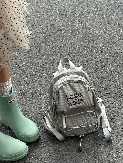 1pc Korean & Japanese Style Casual Plaid Backpack, Lightweight Foldable Zipper Closure Adjustable Strap, Suitable For Daily Use, School/College Students, Y2K Punk Style, Drawstring Plaid Mini Backpack, Zipper Decor, Grey Waterproof Nylon