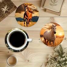 1/8/160pcs Horse Racing Pattern Wooden Coasters, 2D Printed Round Coasters For Patio, Kitchen, Living Room, Home Gatherings, Decorative Gifts For Friends & Family, Suitable For Valentine's Day, Mother's Day, Birthday, Wedding Party, Home Decor Accessories, Best Gift For Female Friends - Multicolor - View 3