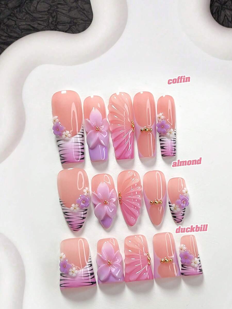 10 Pcs Noble Knight Style Polygel Nail Set,Acrylic Press-On Nails,3D Purple, White Camellia,Hand-Sculpted Purple Five-Petal Flower Nail Art Accessories,Hand-Drawn Solid-Color Ripples,Black Branches,Purple Gradient Slap Bracelet,Purple Gradient Nail Polish,Elegant Style,Comes With Nail Tools(1 Sheets Jelly Stickers+1PC Nail File)3 Sizes Available, Almond Nails, Duck Nails,Coffin Nails,Suitable For Commuting, Dates, Everyday Wear, Formal Occasions,Great Gift For Ladies And Girls Press On Nails - 彩色 - 查看 1