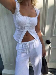 2pcs Solid Color Bohemian Casual Top With Drawstring Pocket & Flared Leg Pants Set, Women Summer Outfit For Daily, Date Night, Vacation White - White - View 5