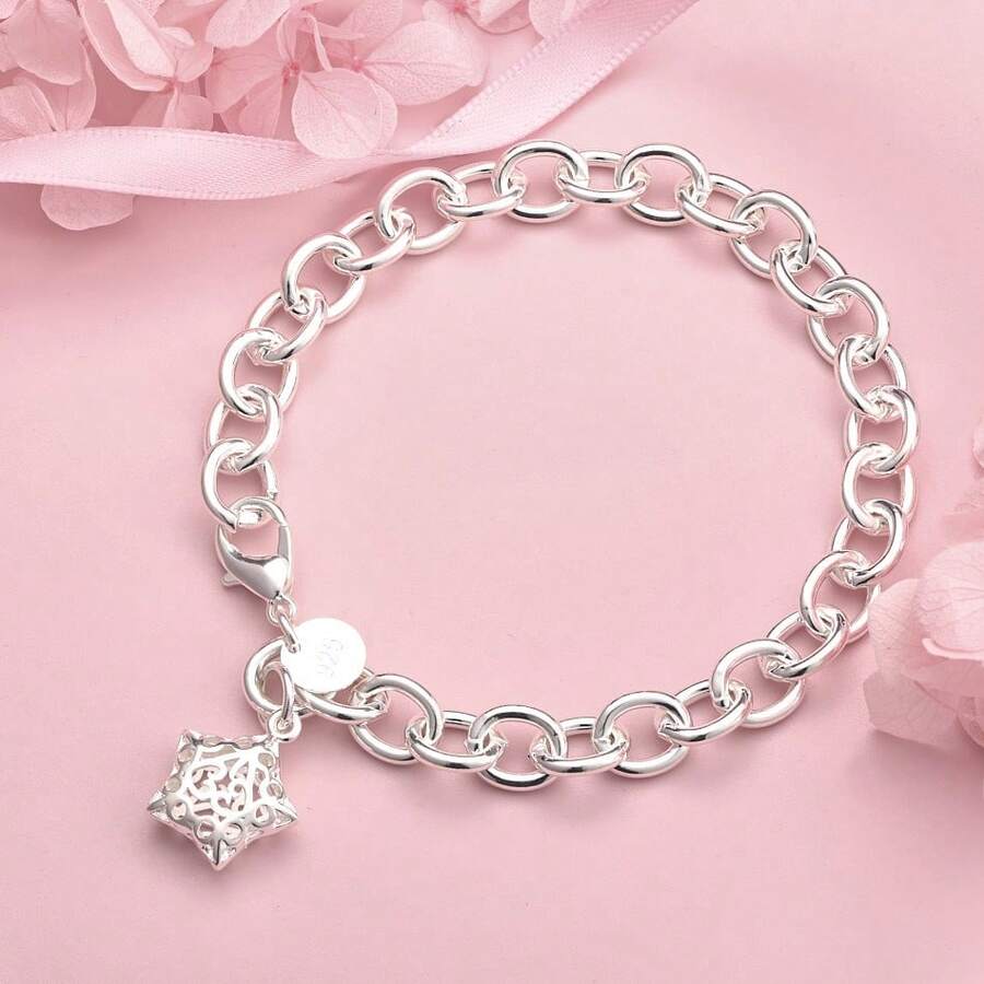 1PC 925 Sterling Silver Plated 8-Inch Delicate Openwork Star Bracelet For Women, Fashionable Wedding Party Jewelry Accessories - Silver - View 1
